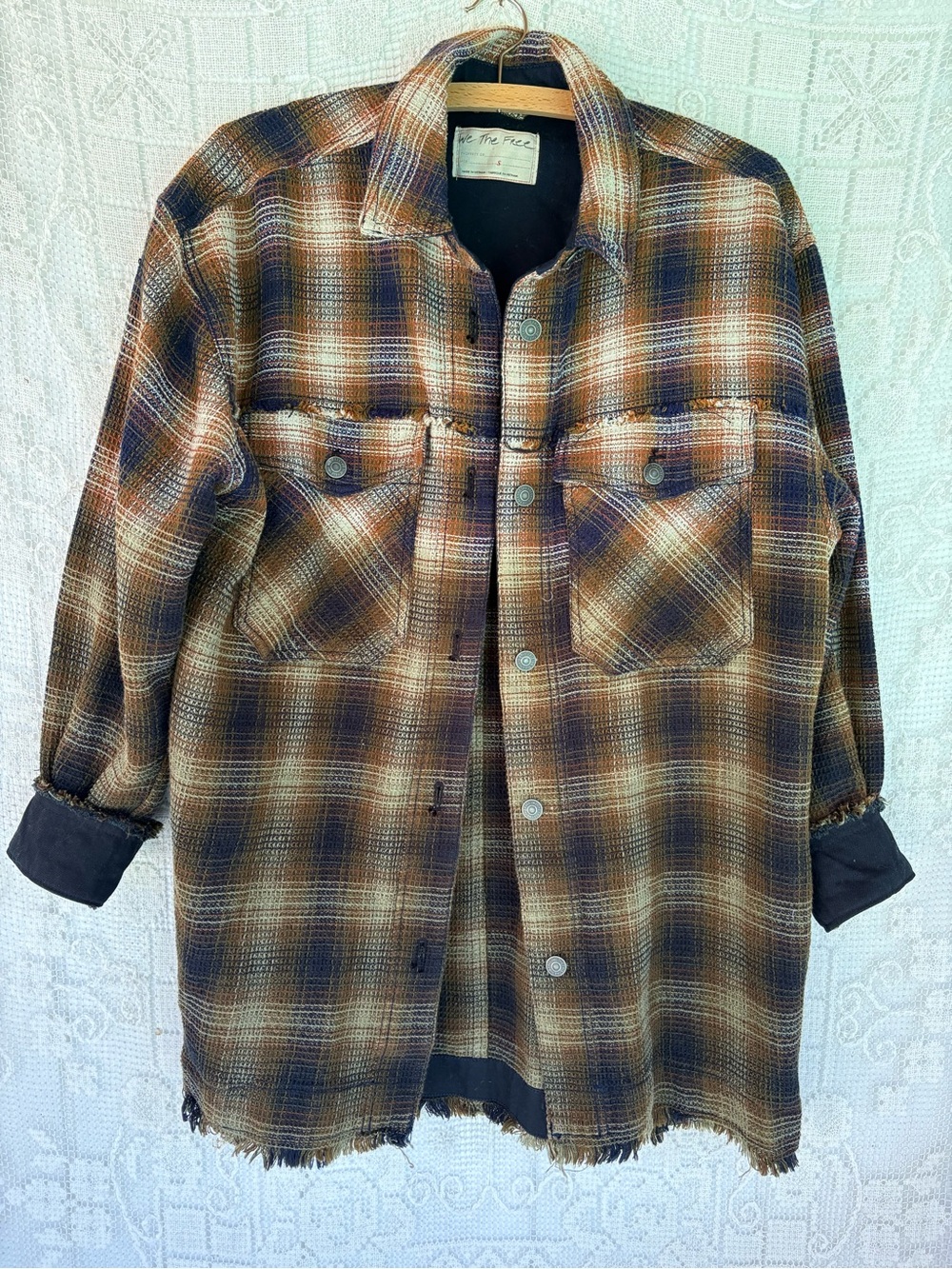 Free People Brown & Navy Plaid Lightweight Shirt Jacket